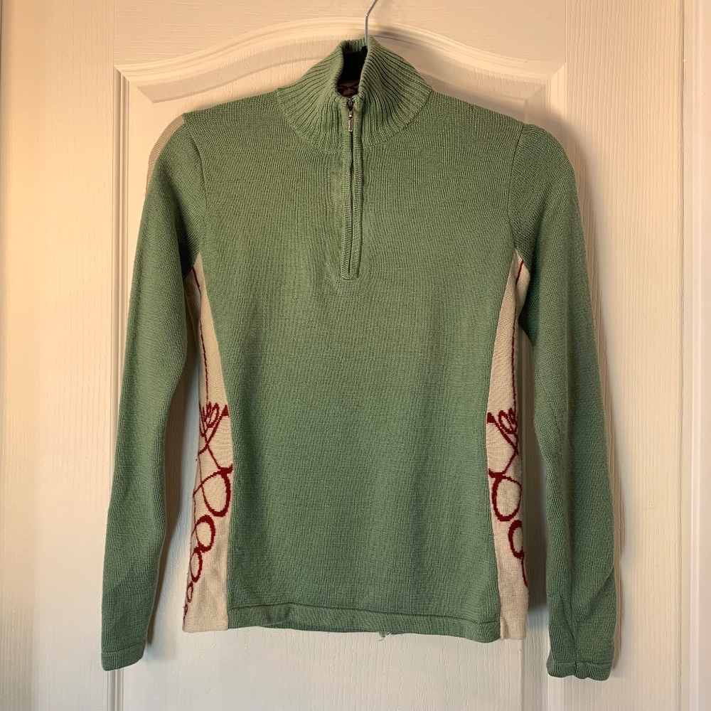 Smartwool Merino Wool Half-Zip Sweater Green Cream Red Small Women Outdoor